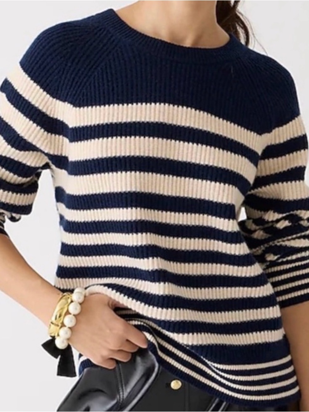 J Crew Ribbed cashmere oversized crewneck sweater in Navy Blue Cream Strip